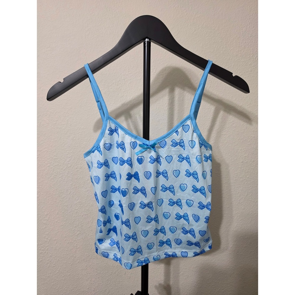 Blue Heart and Bow Print Camisole Top Adjustable Straps XS Y2K Coquette Style